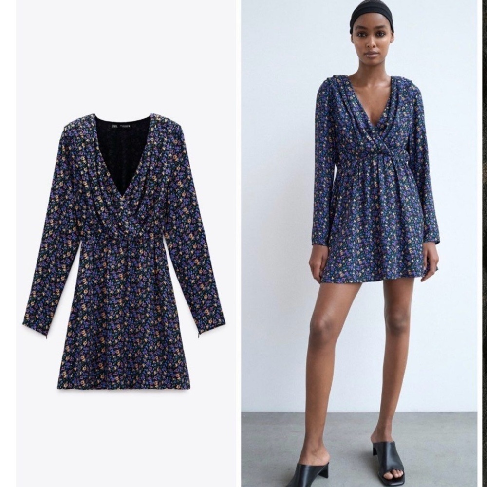 Zara Floral Long Sleeve V-Neck Mini Dress Women Sz S Shoulder Pads Feminine - Picture 3 of 11